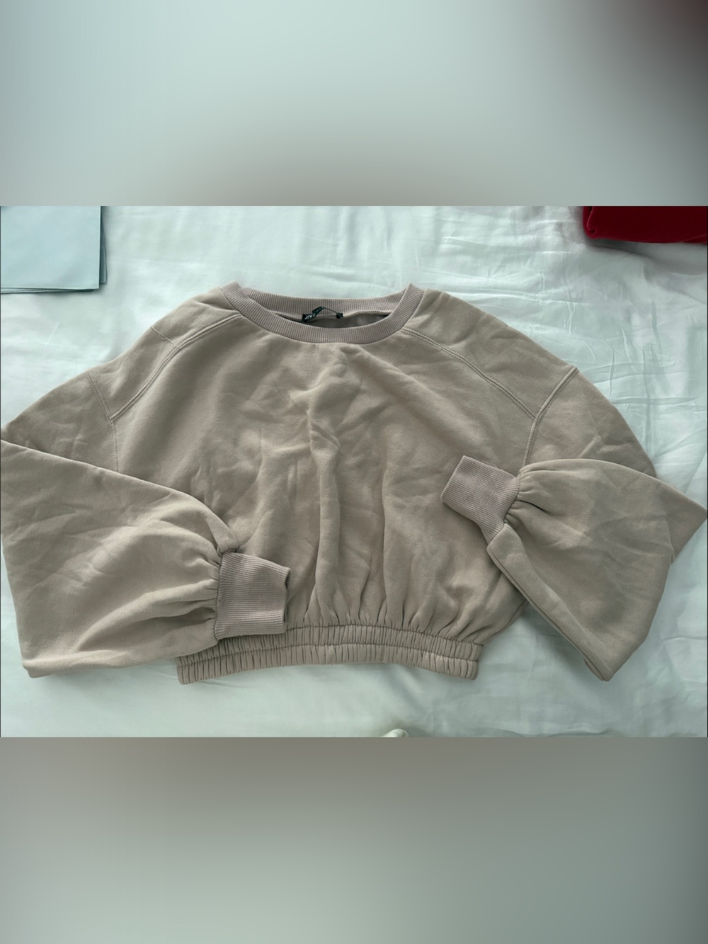 Zara Cropped Balloon-Sleeve Sweatshirt - Taupe